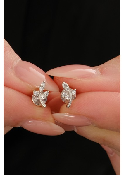 Gümüş Rodyumlu Zirkon Taşlı Yaprak Küpe SGTL12846RODAJ