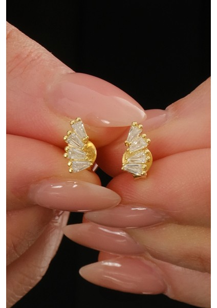 Gümüş Altın Yaldızlı Dörtlü Baget Kesim Zirkon Taşlı Küpe SGTL12848GOLD