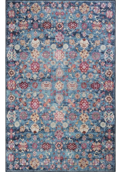 Private Mavi Eskitme Vintage Halı Çiçek Otantik Dokuma Şönil Halı Yıkanabilir Salon Halısı