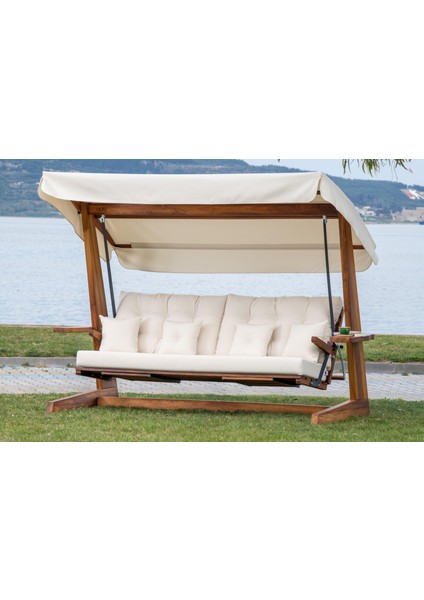 Luna Deluxe 2600 Iroko Beş Kişilik Ahşap Bahçe Salıncağı Krem