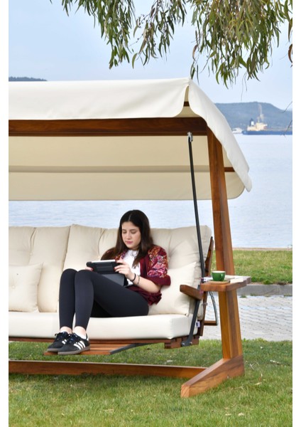 Luna Deluxe 2600 Iroko Beş Kişilik Ahşap Bahçe Salıncağı Krem
