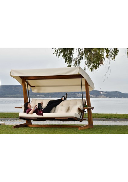 Luna Deluxe 2600 Iroko Beş Kişilik Ahşap Bahçe Salıncağı Krem