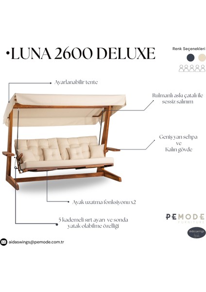 Luna Deluxe 2600 Iroko Beş Kişilik Ahşap Bahçe Salıncağı Krem