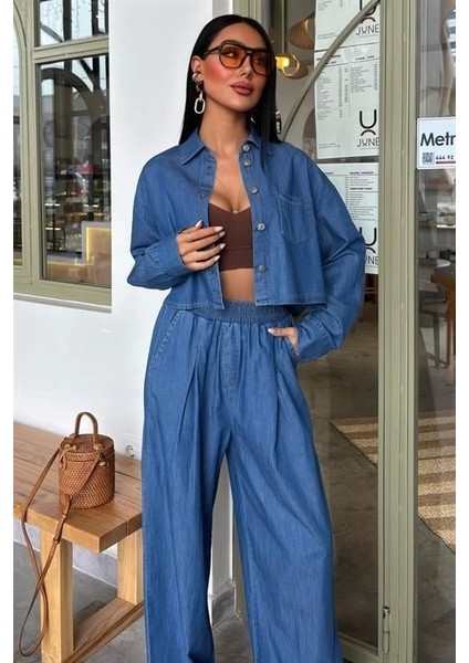 Denim Gömlek Plazzo Pantolon Takım 10163-08 modelleri