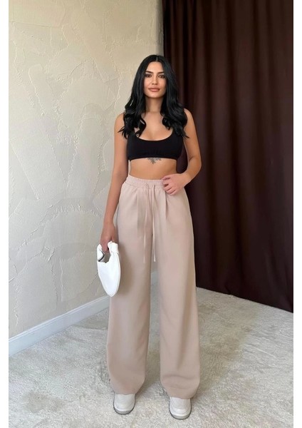 Bej Yanları Şeritli Pantolon