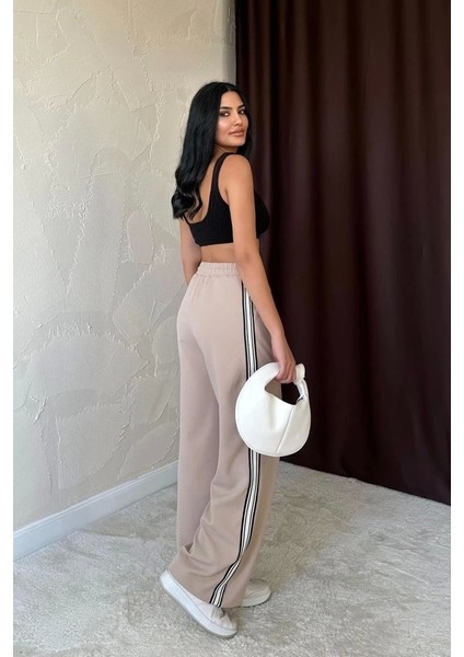 Bej Yanları Şeritli Pantolon