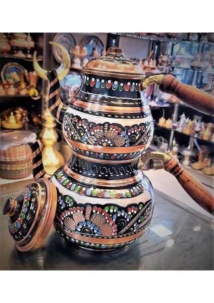 El İşlemeli Bakır Çaydanlık Seti, 6 Kişilik, Renkli, 2,4 L, Nişan ve Düğün İçin