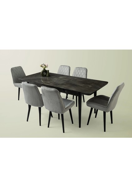 Ortadan Açılır Büyüyen 90 x 160 cm Siyah Mermer Desen Ahşap Salon Yemek Masa Gri Fulya Sandalye Takımı 6 Sandalyeli