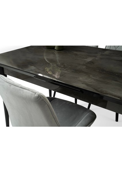 Ortadan Açılır Büyüyen 90 x 160 cm Siyah Mermer Desen Ahşap Salon Yemek Masa Gri Fulya Sandalye Takımı 6 Sandalyeli