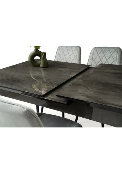 Ortadan Açılır Büyüyen 90 x 160 cm Siyah Mermer Desen Ahşap Salon Yemek Masa Gri Fulya Sandalye Takımı 6 Sandalyeli