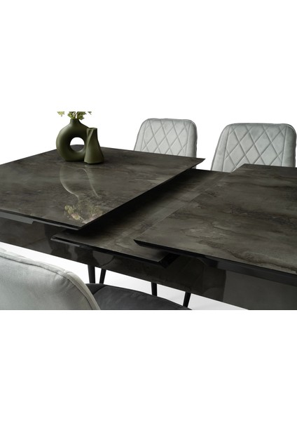 Ortadan Açılır Büyüyen 90 x 160 cm Siyah Mermer Desen Ahşap Salon Yemek Masa Gri Fulya Sandalye Takımı 6 Sandalyeli
