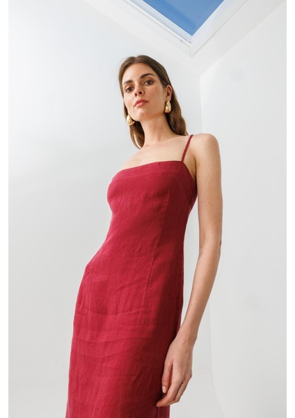 Vişne Ayarlanabilir Askılı, Yırtmaçlı Keten Elbise modelleri