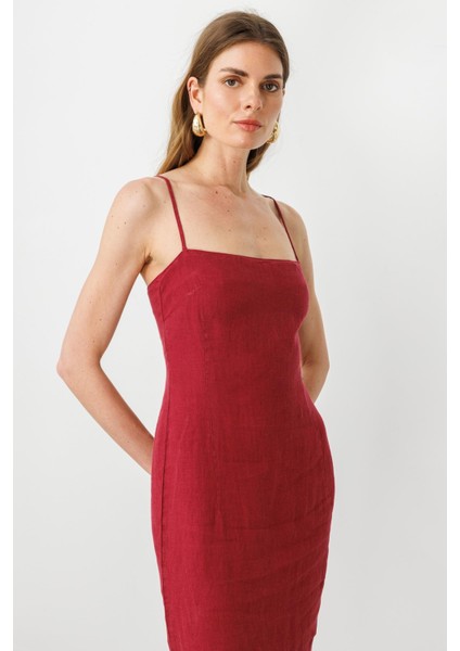 Vişne Ayarlanabilir Askılı, Yırtmaçlı Keten Elbise fırsatları