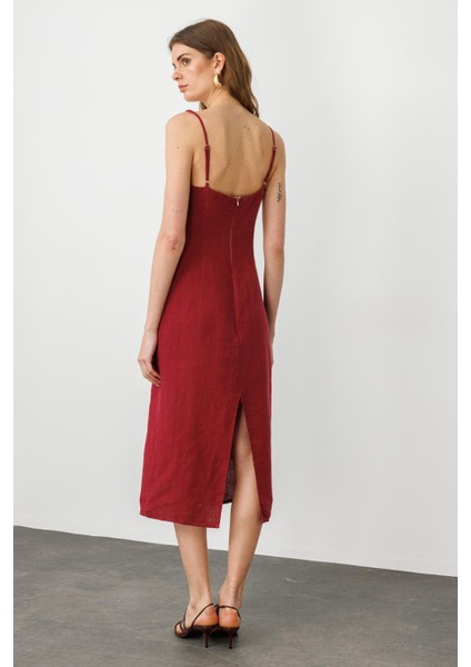 Vişne Ayarlanabilir Askılı, Yırtmaçlı Keten Elbise indirimleri