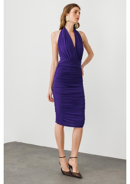 Mor Halter Yaka Drapeli Sırt Dekolteli Midi Boy Elbise fiyatları