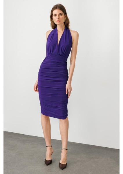 Mor Halter Yaka Drapeli Sırt Dekolteli Midi Boy Elbise modelleri