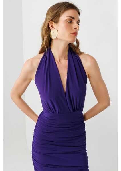 Mor Halter Yaka Drapeli Sırt Dekolteli Midi Boy Elbise fırsatları