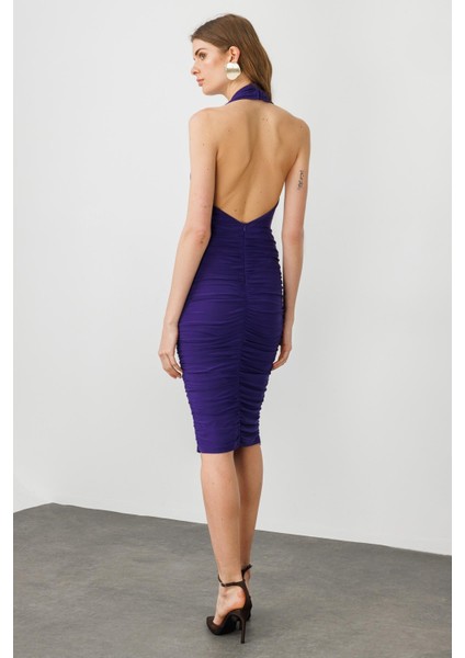 Mor Halter Yaka Drapeli Sırt Dekolteli Midi Boy Elbise indirimleri