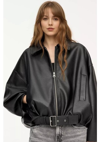 P&b Kadın Suni Deri Bomber Ceket – Astarlı, Fermuarlı, Kemerli, Çift Cepli Şık Günlük Tasarım