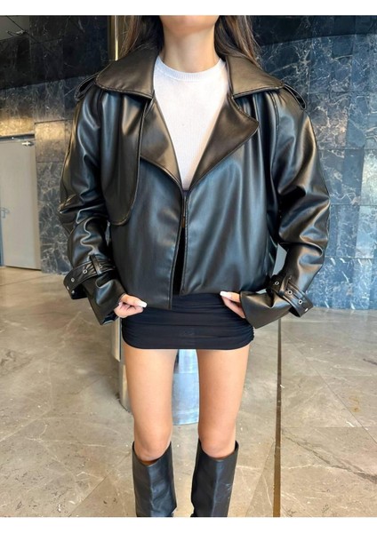 Oversize Siyah Deri Ceket