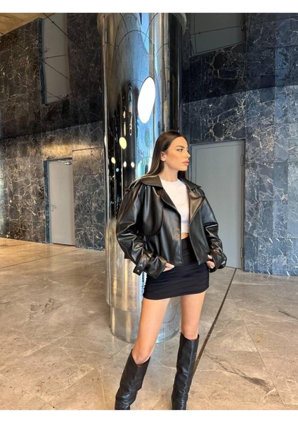 Oversize Siyah Deri Ceket modelleri