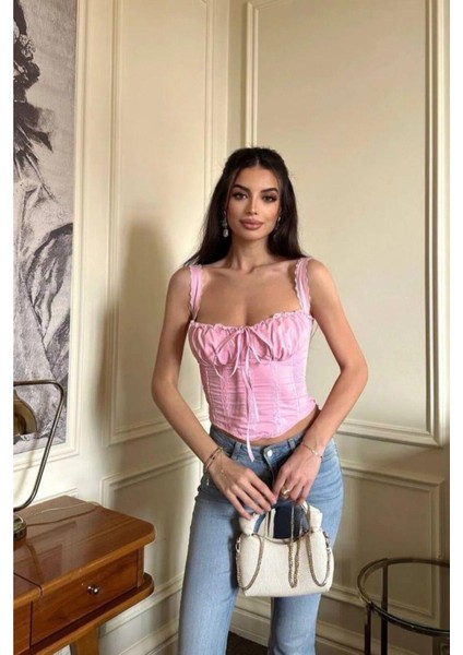 Kadın Dantelli Sırtı Bağlamalı Askılı Büstiyer