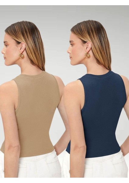 Kadın Lacivert Vizon Bisiklet Yaka Sıfır Kol Body Atlet 2li Set