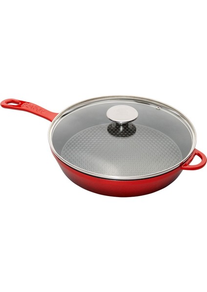 Kırmızı Yuvarlak Cam Kapaklı Döküm Tava 28 cm