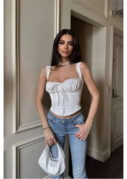 Kadın Dantelli Sırtı Bağlamalı Askılı Büstiyer