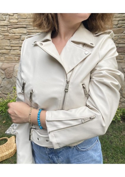 Kadın Krem Suni Deri Ceket