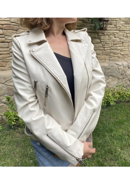 Kadın Krem Suni Deri Ceket modelleri