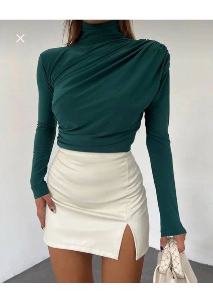 Yeşil Uzun Kollu Büzgülü Bluz