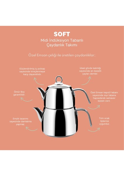 İndüksiyon Tabanlı Soft Midi Çaydanlık Takımı 1.0-1.8 lt, şık ve kullanışlı tasarım