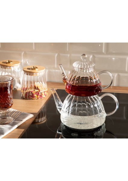 Şeffaf Cam Çaydanlık Takımı 600 ml + 1000 ml, dayanıklı ve şık tasarım