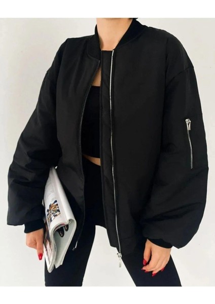 Unisex Siyah Oversize Bomber Ceket