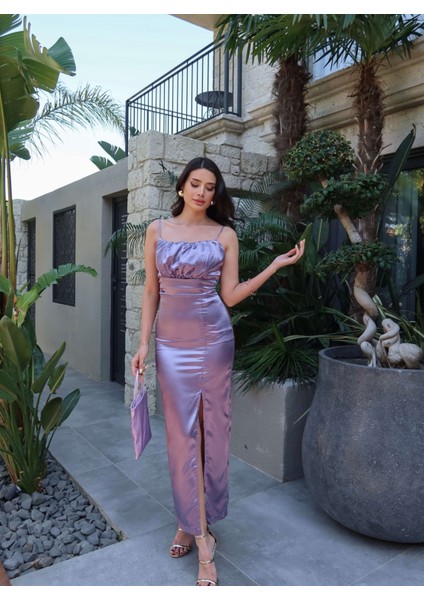 Askılı Bel Drape Saten Elbise