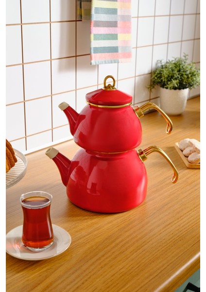 Retro Emaye Midi Çaydanlık Kırmızı