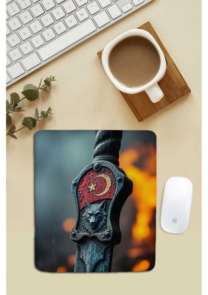 Bilek Destekli Kurt Başlı Türk Kılıcı Kırmızı Dikdörtgen Pürüzsüz Yüzey Dikişsiz Mouse Pad 18X22CM