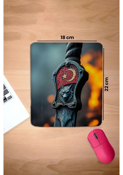 Bilek Destekli Kurt Başlı Türk Kılıcı Kırmızı Dikdörtgen Pürüzsüz Yüzey Dikişsiz Mouse Pad 18X22CM fiyatları
