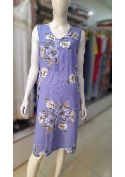 Çiçek Desenli Keten Elbise