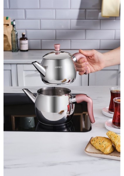 Şık Pembe Mini Çaydanlık Takımı, Paslanmaz Çelik, Indüksiyon Uyumlu, TR Menşei fiyatları