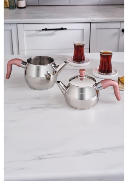 Şık Pembe Mini Çaydanlık Takımı, Paslanmaz Çelik, Indüksiyon Uyumlu, TR Menşei modelleri