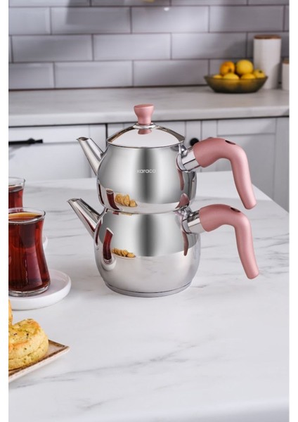 Şık Pembe Mini Çaydanlık Takımı, Paslanmaz Çelik, Indüksiyon Uyumlu, TR Menşei fırsatları