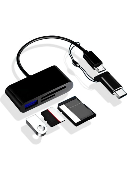A5256 Type-C Micro USB 3in1 Sd Micrsd Kart Okuyucu Otg Çevirici Kablosu