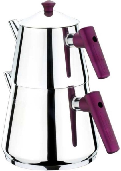 Mor paslanmaz çelik piramit soft şiraz bakalit kulplu orta boy çaydanlık