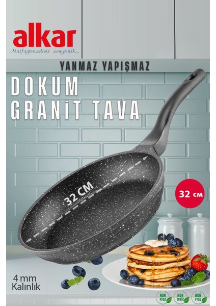 32 cm Granit Döküm Tava Yanmaz Yapışmaz Ağır Döküm