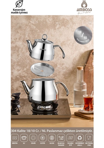 Paslanmaz Çelik 4 Parça Orta Boy Çaydanlık Takımı, dayanıklı ve şık tasarım