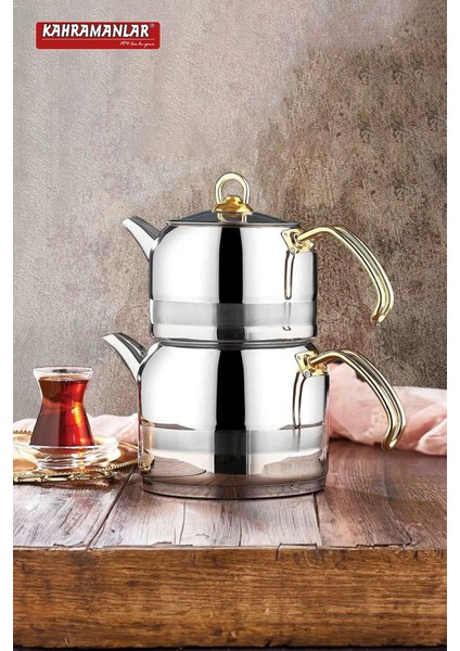 Renkli Enza Mega Gold Çaydanlık Takımı, şık ve kullanışlı çelik tasarım, 2-2.99 L