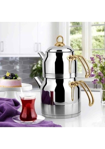 Paslanmaz Çelik Çaydanlık, Metalik Renk, Kendinden Süzgeçli, Dayanıklı ve Şık Tasarım