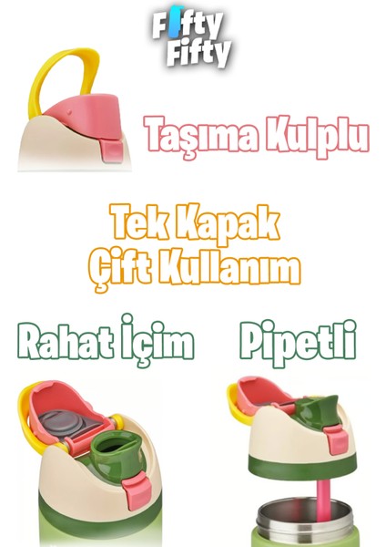 600 ml Tek Kapak Çift Kullanım Pipetli/pipetsiz Taşıma Kulplu Çelik Termos -FFVGN044ML600DESENLI